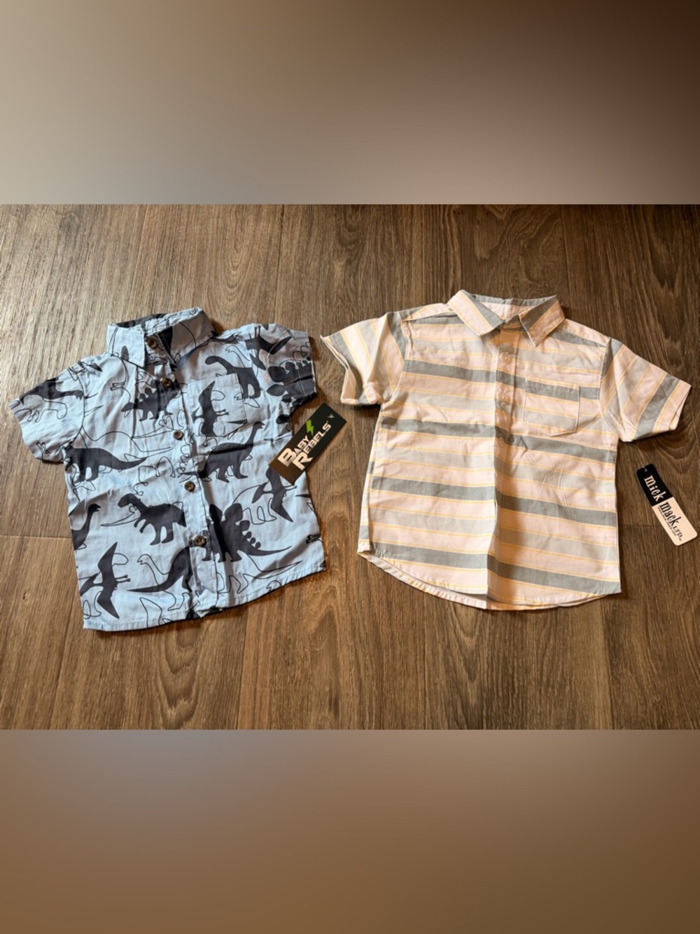 Light Blue Dinosaur Print & Cream Striped Short-Sleeve Button-Down Shirts